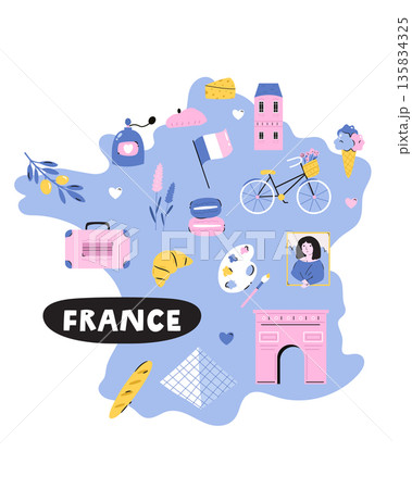 France Illustrated Map with Landmarks, Culture and Cute Symbols. Flat Vector Travel Design. 135834325