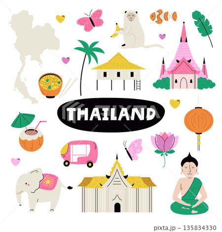 Thailand Travel Icons Set with Cultural Landmarks, Animals and Food. Cute Flat Vector Illustration 135834330