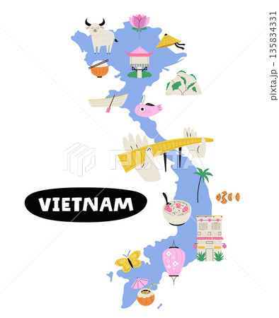 Vietnam Illustrated Map with Cultural Symbols, Food, Nature and Landmarks. Cute Flat Vector Travel Illustration 135834331