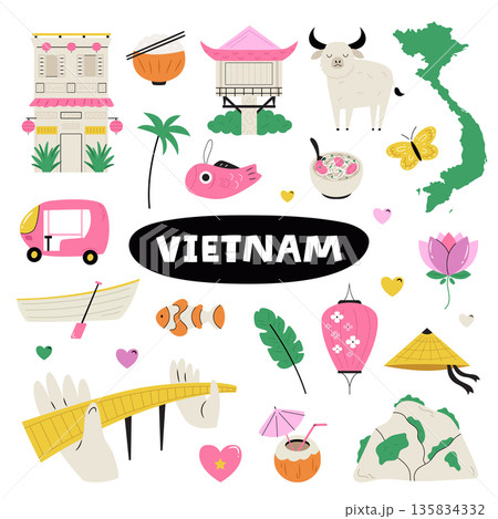 Vietnam Travel Icons Set with Cultural Symbols, Food, Nature and Landmarks. Cute Flat Vector Illustration Vietnam Travel Icons Set with Cultural Symbols, Food, Nature and Landmarks. Cute Flat Vector Illustration 135834332