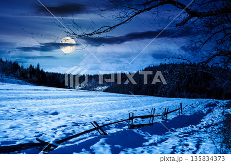rustic wooden fence through snow covered hill at night. beautiful view in winter mountains in full moon light. alpine rural landscape near forest. finance investment or abstract concepts rustic wooden fence through snow covered hill at night. beautiful view in winter mountains in full moon light. alpine rural landscape near forest. finance investment or abstract concepts 135834373