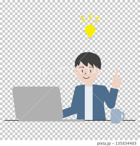 ひらめいた男性のイラスト　アイデアが浮かぶパソコン作業のシーン 135834483