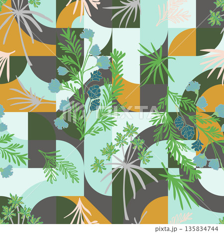 Abstract geometric background featuring hand drawn leaves and flowers for modern fashion and home decor print. Abstract geometric background featuring hand drawn leaves and flowers for modern fashion and home decor print. 135834744