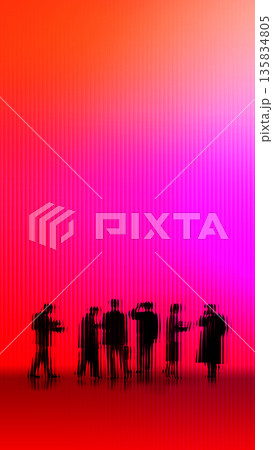 Intense design silhouetted business crowd behind red striped distortion. Collage of 5 models Intense design silhouetted business crowd behind red striped distortion. Collage of 5 models 135834805