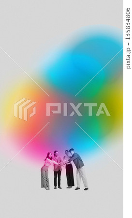 Modern mixed media team stacking hands beneath colorful abstract cloud. 135834806