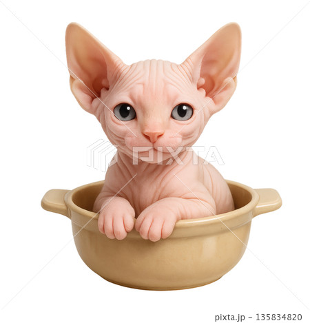 ボウルから顔を出す子猫のイラスト　ちょこんとした仕草が可愛い 135834820