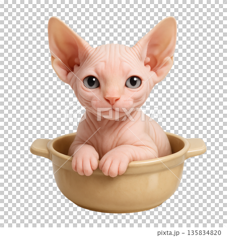 ボウルから顔を出す子猫のイラスト　ちょこんとした仕草が可愛い 135834820