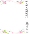水彩風の桜と葉の和風フレーム 上下ラインの装飾と新緑の背景素材_縦 135834845