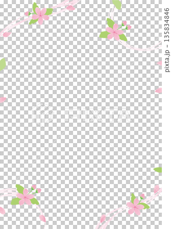 水彩風の桜と葉の和風フレーム 四隅の装飾と新緑の背景素材_縦 水彩風の桜と葉の和風フレーム 四隅の装飾と新緑の背景素材_縦 135834846