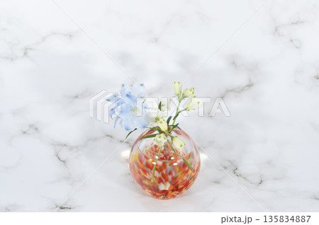 ガラスの暖色一輪挿しに挿したデルフィニウムの花(中配置) ガラスの暖色一輪挿しに挿したデルフィニウムの花(中配置) 135834887