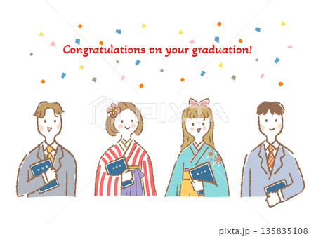 卒業証書を持つ正装した学生男女4人の上半身イラスト 135835108