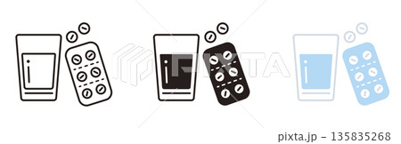 薬のアイコンセット。グラスと錠剤。薬局、ヘルスケア、飲み薬。 135835268