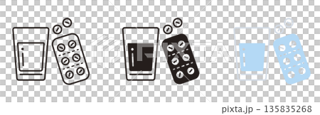 薬のアイコンセット。グラスと錠剤。薬局、ヘルスケア、飲み薬。 135835268