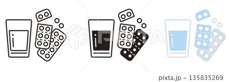 薬のアイコンセット。グラスと錠剤。薬局、ヘルスケア、飲み薬。 135835269