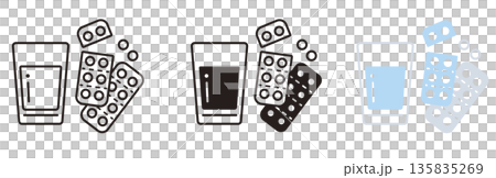 薬のアイコンセット。グラスと錠剤。薬局、ヘルスケア、飲み薬。 135835269