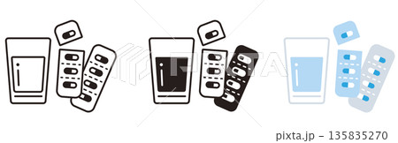 薬のアイコンセット。グラスとカプセル、錠剤。薬局、ヘルスケア、飲み薬。 薬のアイコンセット。グラスとカプセル、錠剤。薬局、ヘルスケア、飲み薬。 135835270