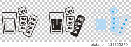 薬のアイコンセット。グラスとカプセル、錠剤。薬局、ヘルスケア、飲み薬。 薬のアイコンセット。グラスとカプセル、錠剤。薬局、ヘルスケア、飲み薬。 135835270