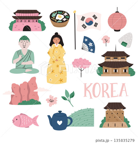 Korean Culture Clipart. Hand Drawn Traditional Symbols, Landmarks and Food of Korea Korean Culture Clipart. Hand Drawn Traditional Symbols, Landmarks and Food of Korea 135835279