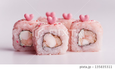 Pastel pink sushi rolls with subtle Valentine hearts romantic food concept Pastel pink sushi rolls with subtle Valentine hearts romantic food concept 135835311