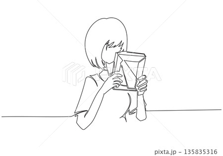 Continuous One Line Drawing of a Person Missing Someone While Looking at a Picture eps10 135835316