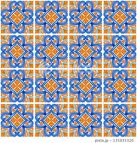Talavera seamless pattern. Azulejos portugal. Turkish ornament. Moroccan tile mosaic. Spanish porcelain. Ceramic tile, folk print. Spanish pottery. Ethnic background. 135835320