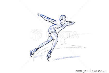 Speed skating. Athlete on skates. Sports, health, and the Winter Olympics. Bright, colorful illustration with textures for design. Ink outline. Speed skating. Athlete on skates. Sports, health, and the Winter Olympics. Bright, colorful illustration with textures for design. Ink outline. 135835328