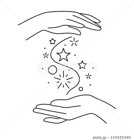 Magic stars in hands. Palms hold or gives celestial body. Line art style isolated human hand. Magic stars in hands. Palms hold or gives celestial body. Line art style isolated human hand. 135835340