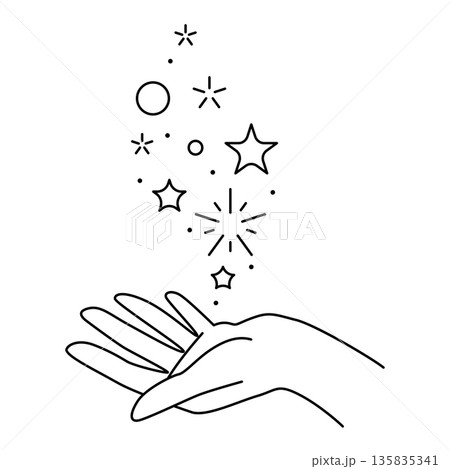 Magic stars in hand. Palm hold or gives celestial body. Line art style. Magic stars in hand. Palm hold or gives celestial body. Line art style. 135835341