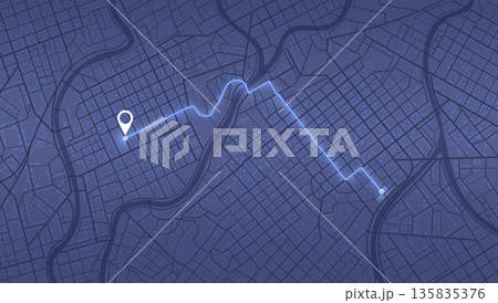 Dark blue night city map with glowing navigation route and white location pin. Vector illustration. 135835376