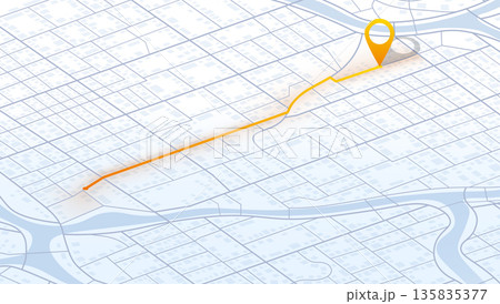 Isometric light blue city map with orange navigation route and yellow location marker. Vector illustration. Isometric light blue city map with orange navigation route and yellow location marker. Vector illustration. 135835377