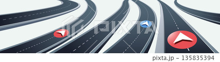 Set of highway navigation route with tracking location. Asphalt winding pathway. Route direction with signs for map transport direction. Vector isolated on white background 135835394