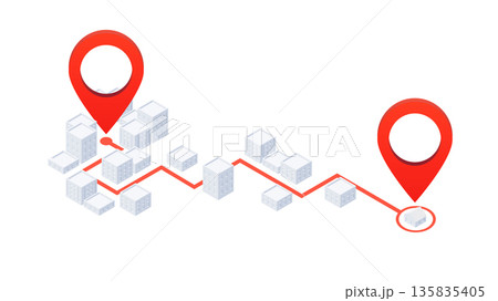 GPS tracking system navigate. Red marker as a goal located in 3d buildings city layout, with streets and roads. Map of city layout and infrastructure. Vector illustration isolated, white background 135835405