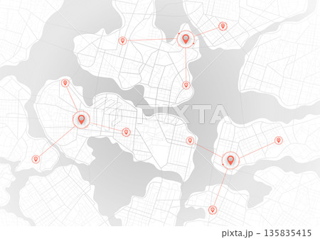 Extensive city scheme featuring points of interest. Abstract navigation plan of the urban area. General city map indicating streets, roads, and buildings. Vector illustration 135835415