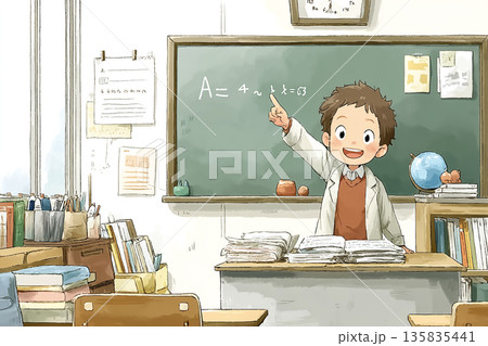 数学を教える笑顔の先生｜黒板を使ったやさしい授業の教育イラスト 135835441