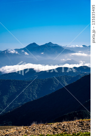 鉢ヶ岳の巻道から見上げる火打山と焼山　北アルプス白馬岳～雪倉岳縦走登山 135835495