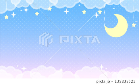 ゆめかわいい夜の背景　星と月と雲のキラキラ空間 135835523