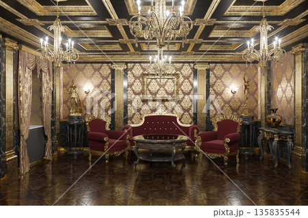 Luxurious Gold and Marble Victorian Style Lounge With Red Velvet Furniture and Ornate Decor Luxurious Gold and Marble Victorian Style Lounge With Red Velvet Furniture and Ornate Decor 135835544