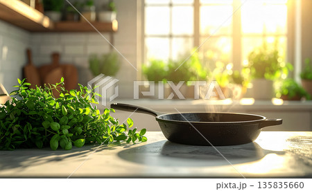 Bright Morning Kitchen Scene With Skillet And Fresh Herbs On Marble Countertop. 135835660