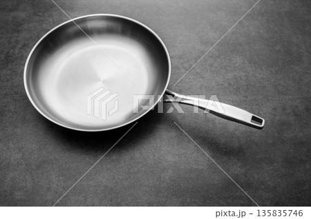 Stainless steel frying pan waiting on a kitchen countertop, ready to be used for cooking, close up 135835746