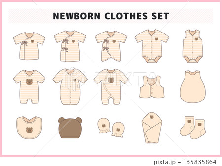新生児用のベビー服と育児小物のイラストセット ロンパース 肌着 スタイなどの詰め合わせ 135835864