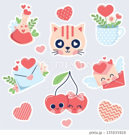 Cute Valentine s Day vector sticker set with adorable characters and love symbols Cute Valentine s Day vector sticker set with adorable characters and love symbols 135835928