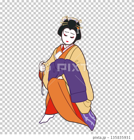 一位身著和服、低垂著眼簾、手持煙鬥的男扮女裝者 一位身著和服、低垂著眼簾、手持煙鬥的男扮女裝者 135835931