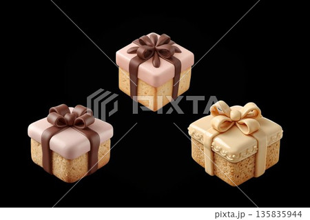 バレンタインのプレゼント型アイシングクッキー 3個セット｜リアルなお菓子イラスト 135835944