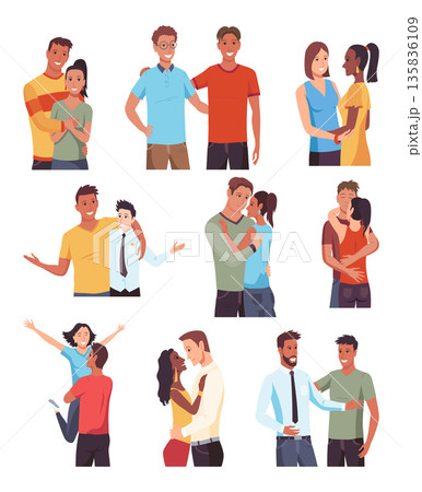 People hugging together set with isolated compositions of doodle people embracing each other on blank background vector illustration 135836109
