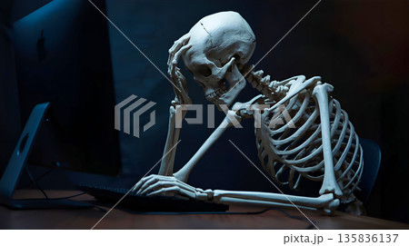 パソコンの前で頭を抱えているガイコツ 135836137