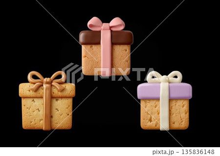 バレンタインのプレゼント型アイシングクッキー 3個セット｜リアルなお菓子イラスト　正面 135836148
