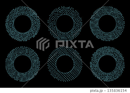Circuit board circle frames. Abstract digital round frame, hardware board and electronic motherboard pattern vector set. Programming science, computer system elements 135836154