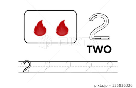 Educational worksheet for learning number two, featuring tracing guides, handwriting practice lines, counting objects, children develop early math, number recognition, writing skills, early childhood 135836326