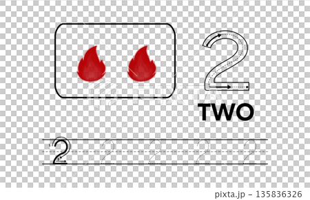 Educational worksheet for learning number two, featuring tracing guides, handwriting practice lines, counting objects, children develop early math, number recognition, writing skills, early childhood 135836326