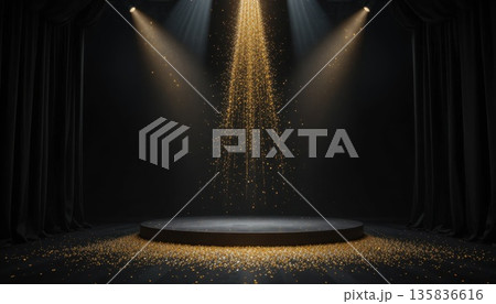 Spotlight Shines on Stage With Golden Particles Falling Around and Dark Curtain Backdrop 135836616